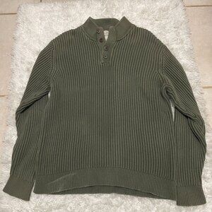 L.L. BEAN Mens XLarge Army Green Knitted Vintage Quarter Button Sweater